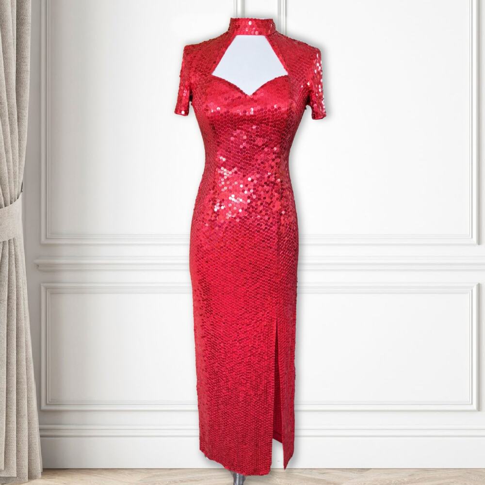 Adrianna Papell Vintage Red Sequin Evening Gown 6 Formal Sheath Dress Retro Glam